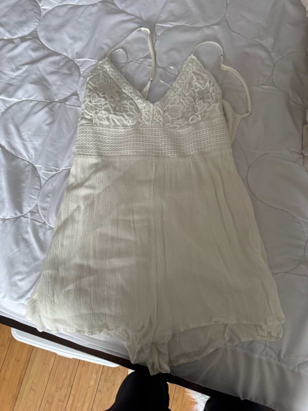 Aeropostale Cream Lace-Trim Mini Romper